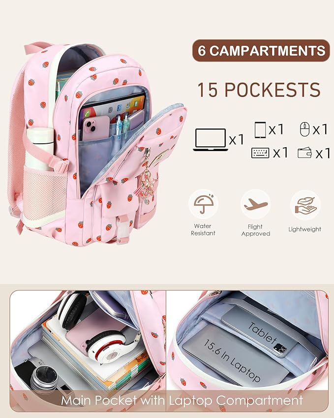 Laptop School Backpack for Teen Girls Women 15.6 Inch Cute College Backpacks Large Elementary Middle High School Bag Kids Student Strawberry Bookbag Anti Theft Travel Casual Daypack (Pink-Strawberry)