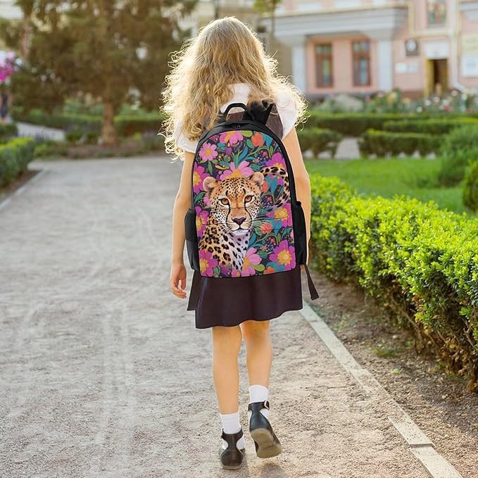 Daypack Polyester Anti-Theft Multipurpose Red Floral Leopard Cheetah Art Bookbag Big Capacity Gym Outdoor Hiking Backpack With Adjustable Shoulder Straps