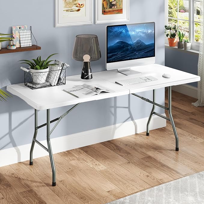 Folding Table, HDPE Portable Table with 6 ft Long Tabletop, Metal Frame Picnic Camping Table with Safe Lock, Collapsible Dining Table for Camping, Picnic, Party (White, 6 FT)