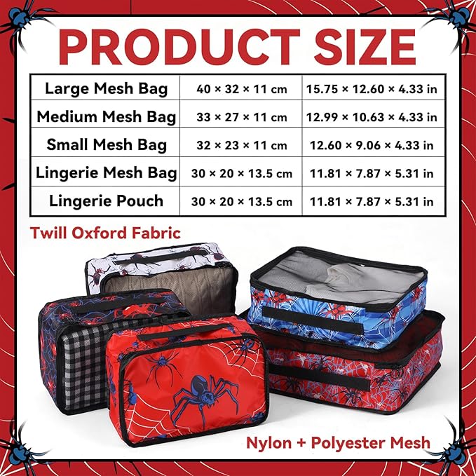5 Pcs Spider Packing Cubes Set for Travel Spider Travel Bags Accessories Luggage Organizer for Adults Trips Holidays Hiking Camping Cruise