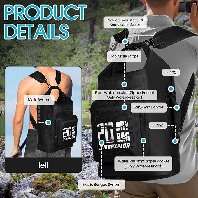 Dry Bag Waterproof,5L/10L/20L/30L Roll Top Dry Bag Backpack with WaterProof Phone Case for Swim,Kayak(Black 30L)