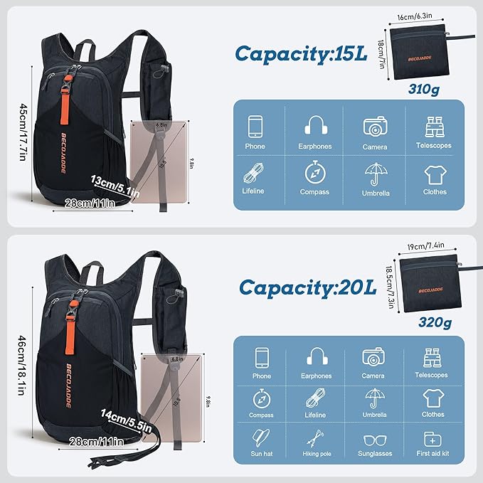 20L Small Hiking Backpack for Men Women Foldable Packable Back Pack Ultralight Hiking Daypack for Travel Camping Outdoor, Black