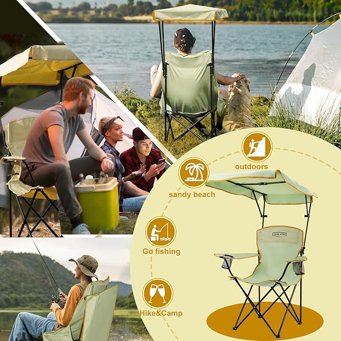 YOUNG WOOD Portable Camping Chair Beach Chair with Shade Canopy, Fold Lightweight Oversized for All, Easy to Open and Close Without Installation, Side Pocket Design for All Outdoor Activities，Green