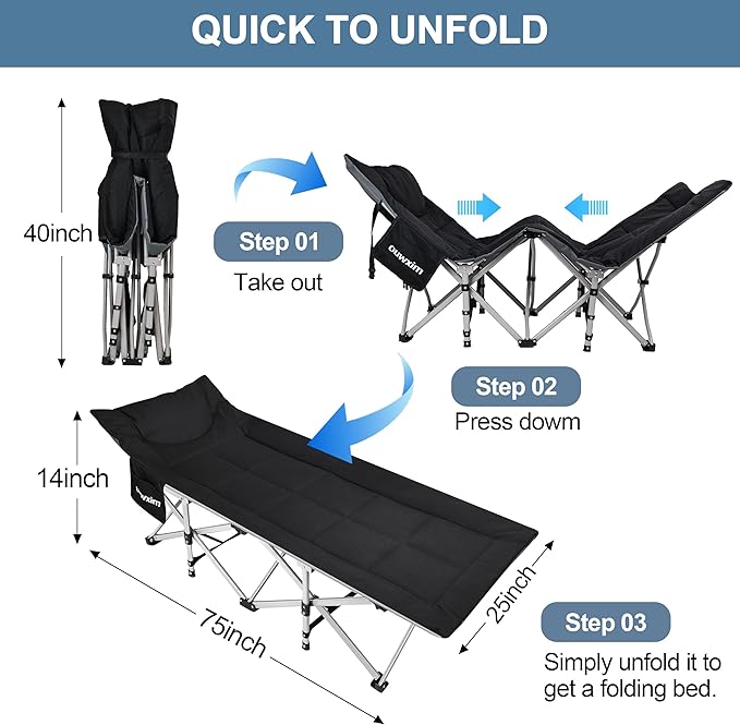 Camping cots for Adults, Portable Folding Bed with Mattress and Pillow, High Weight Capacity, Compact Storage (Dark Gray)