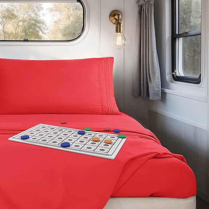 Hearth & Harbor Short Queen Sheets for RV, Red RV Queen Sheets, Silky Soft 1800 Microfiber Bed Sheet for Camper, 4 Piece RV Bedding with Pillowcases