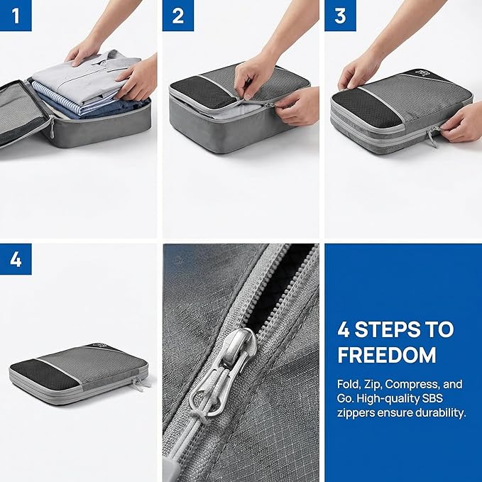 6Pcs Compression Packing Cubes Set, Waterproof Travel Luggage Organizer with Drawstring Bag, Lightweight Nylon Suitcase Storage Bags for Travel Camping Business Trip