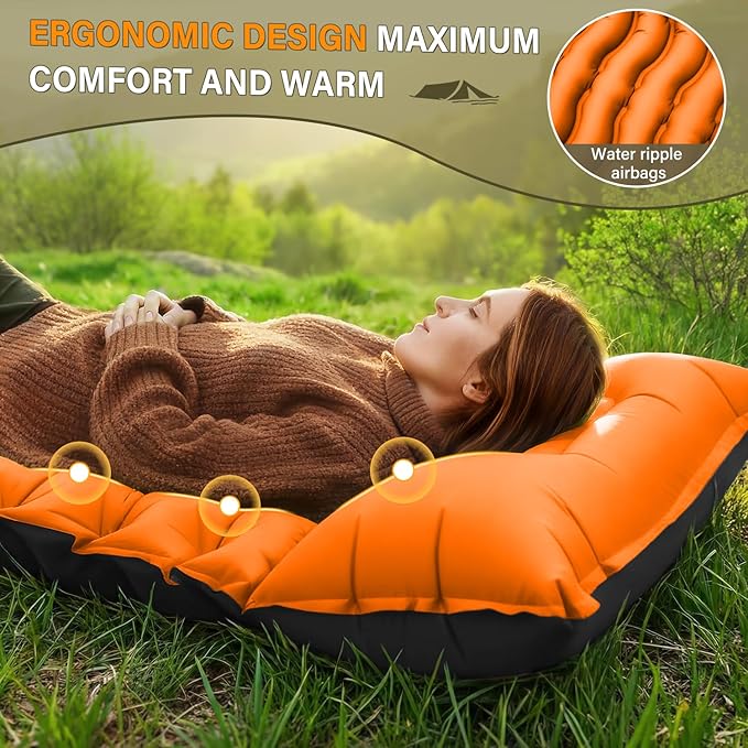 Camping Sleeping Pad, Ultralight Camping Pad with Pillow Built-in Foot Pump Inflatable Sleeping Pads Compact for Camping Backpacking Hiking Traveling - Orange