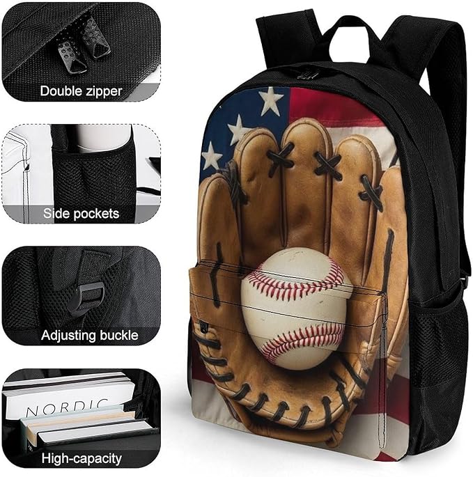 Lightweight Rucksacks for Climbing Outdoors Walking Cycling, Large Capacity Anti-Theft Multipurpose Carry On Bag, Vintage Ball Baseball American Flag Camping Outdoor Backpack