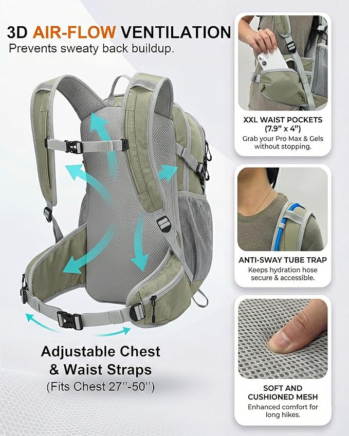 Hydration Backpack with 2L Bladder – Thermal Insulated Water Pack for Hiking, Skiing, Running – Lightweight Daypack for Men & Women, Soft-Lined Sunglasses Pocket & Large Waist Pockets