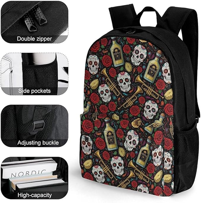Lightweight Rucksacks for Camping Picnic Walking Cycling, Large Capacity Multipurpose Anti-Theft Carry On Bag, Vintage Day Of Dead Sugar Skulls Rose Flowers Cactus Travel Hiking Camping Rucksack