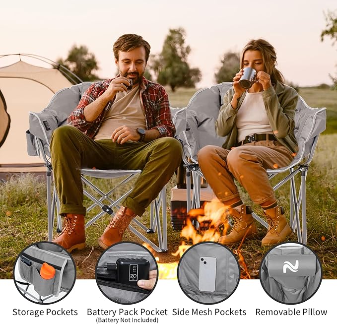 Oversized Heated Camping Chair, 3 Heating Levels Soft Padded Camp Chairs with Pillow and Storage Bag, Portable Folding Outdoor Heated Moon Chair for Camping Lawn Patio Beach and Picnics, Grey