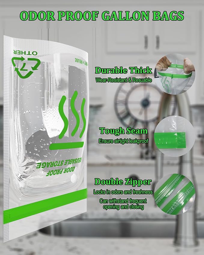 Smell Proof Food Bags - 8.5 x 10 Inch Smell Proof Freezer Bags for Camping and Food Storage - Reusable Odor Proof Bags Stand Up Clear Double Zip and Odor Control(5 Pack)