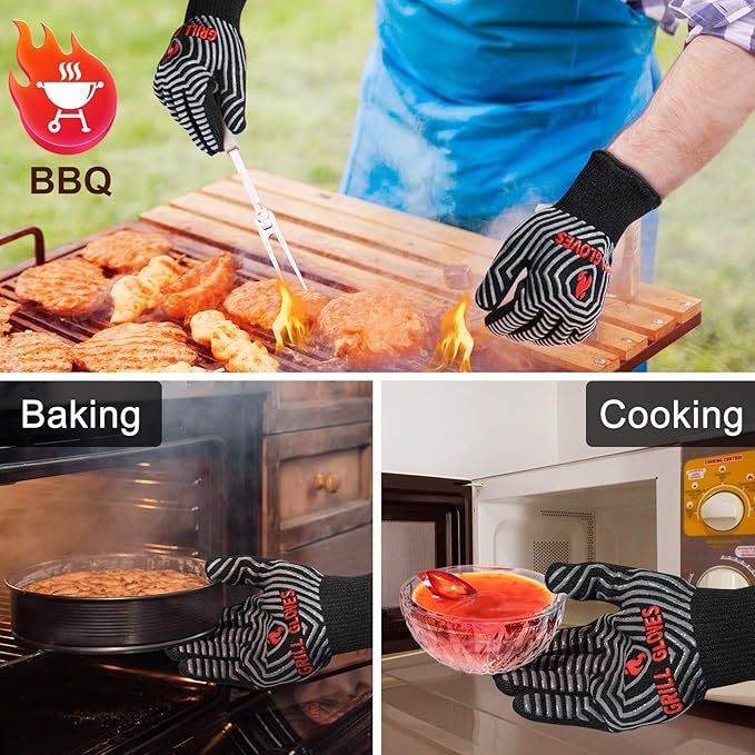 QUWIN BBQ Gloves, Oven Gloves, 1472℉ Extreme Heat Resistant,Grilling Gloves Silicone Non-Slip Oven Mitts, Kitchen Gloves for BBQ, Grilling, Cooking, Baking-1 Pair… (Black, One Size Fits Most)