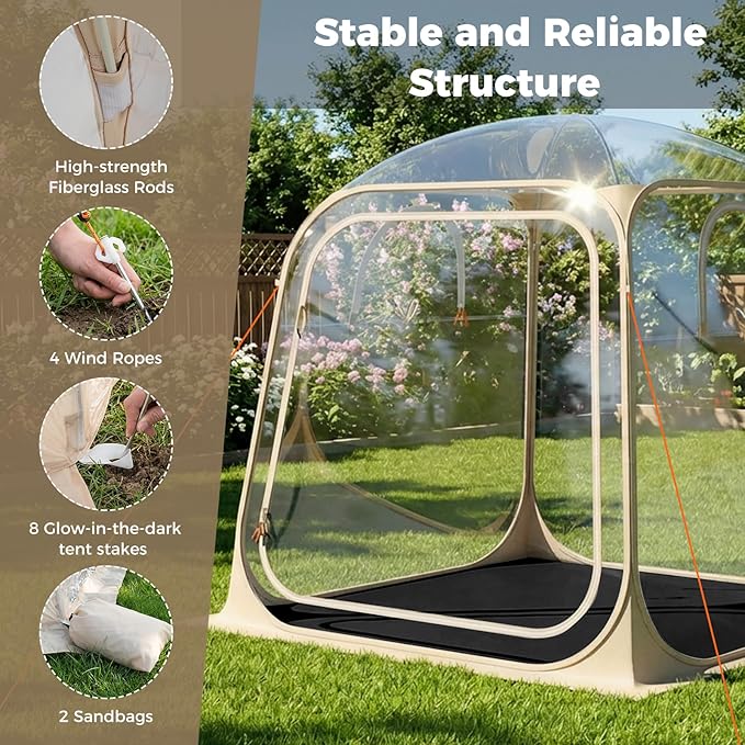 Tangkula All Weather Sports Tent for 2-4 People, 7x7 Ft Pop Up Outdoor Clear Bubble Tent with Waterproof Tarp Floor, Stakes, Wind Ropes, Sandbags, Carrying Bag for Sports Fishing Camping Cheering