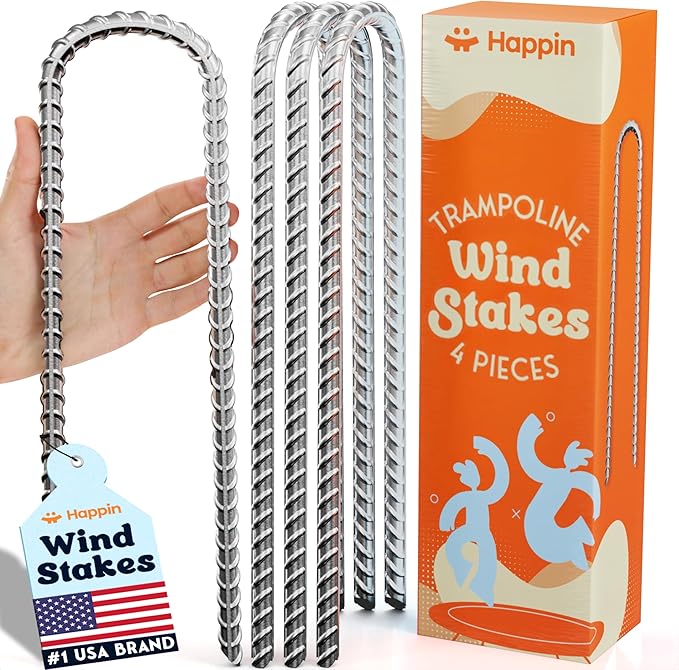 Happin® Ultra Strong Trampoline Stakes Anchors High Wind, Ground Anchors Heavy Duty, Trampoline Tie Down Anchor Kit, Ground Stakes Galvanized Steel, Trampoline Accessories, U Shaped (4 Pack, Silver)