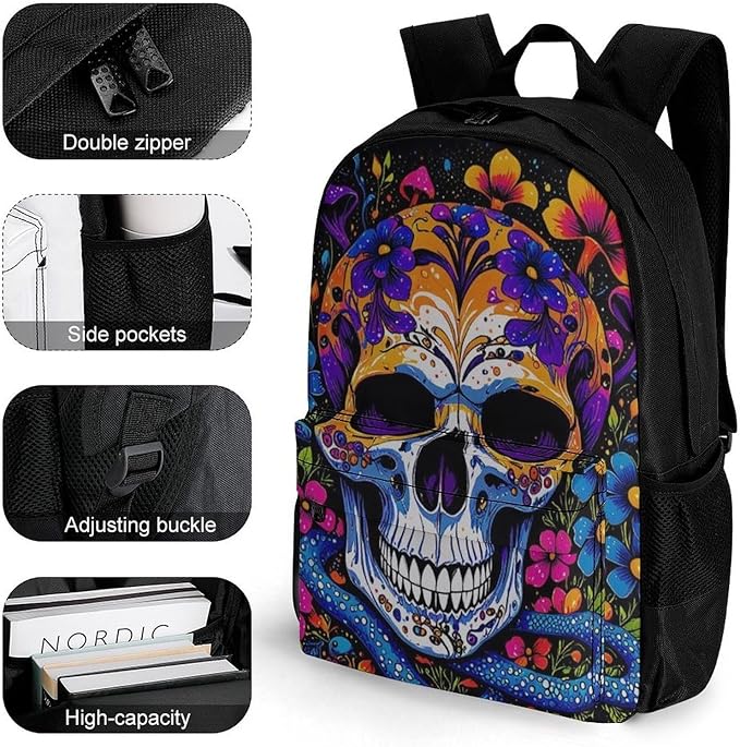 Lightweight Backpack for Gym Travel Bicycle, Big Capacity Multipurpose Anti-Theft Carry On Bag, Trippy Skull Head Mushroom Art Travel Hiking Bag Day Pack