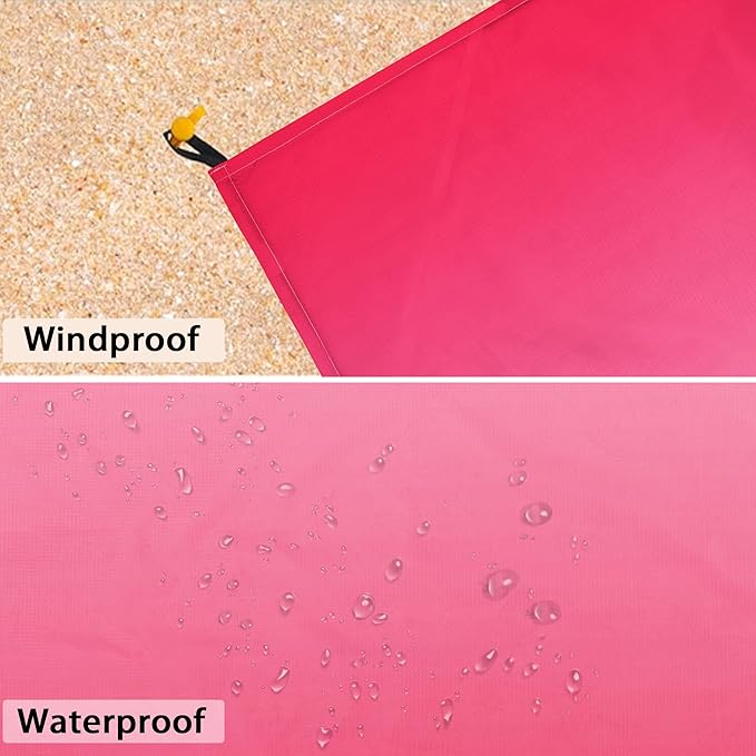 Beach Blanket Waterproof Sandproof, 110''×118'' Extra Large Beach Mat for 8 Adult, Gradient Pink Picnic Blankets w/Stakes, Compact Quick Drying Outdoor Blanket for Travel, Camping, Hiking