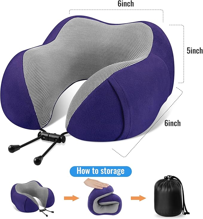 CloudBliss Travel Pillow Premium Memory Foam, Comfortable & Supportive Neck Pillow, Sleeping Neck Pillows for Travel, Airplane Pillow for Sleeping Airplane, Car, Office and Home（Navy）