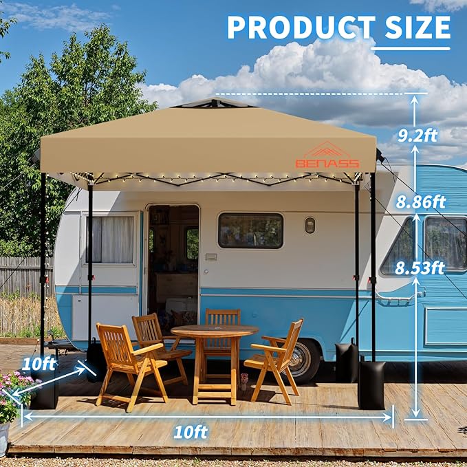 10x10 Pop Up Canopy, Easy Up Canopy Tent, Heavy Duty Tents for Parties, One Person Set Up Event Tent, Khaki