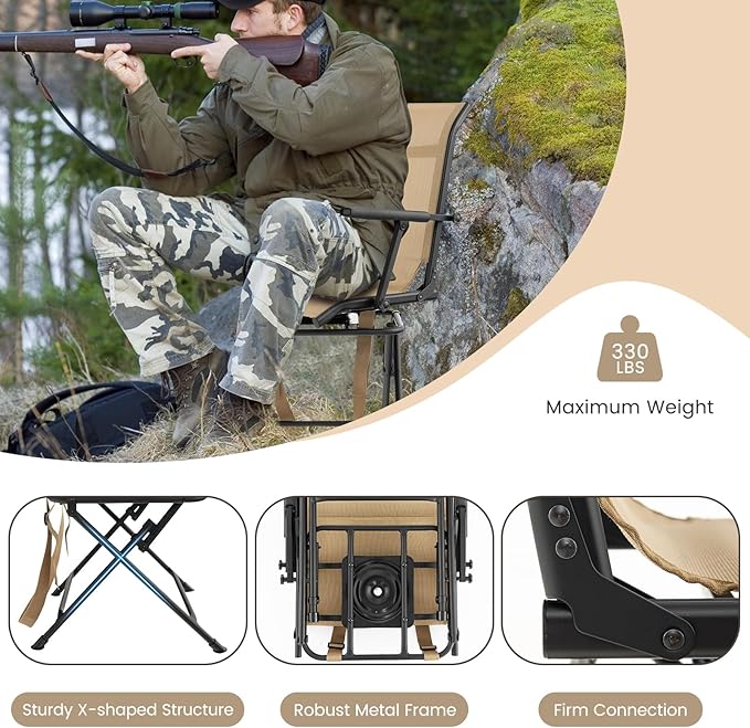 LDAILY Moccha Hunting Chair, 360° Swivel Blind Chair w/Armrest & Mesh Back, Non-Slipping Pads, Sturdy Metal Frame, 330LBS Capacity, Portable and Silent Folding Hunting Chairs for Blinds (Brown)