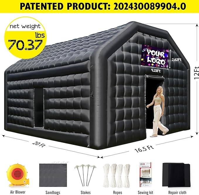 WARSUN Large Black Inflatable Nightclub 20x16.5x12Ft Inflatable Party Tent with Logo Area Inflatable Night Club Tent for Adults Wedding Birthday Raves Dance Floor Yard Party Business