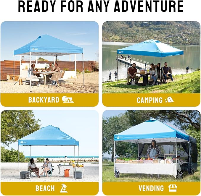 Crown Shades 10x10 Pop Up Canopy - Beach Tent with One Push Setup - Outdoor Sun Shade for Events, Parties, Camping - Gazebo with STO-N-Go Cover Bag, Silver Coated Top, 3 Height& 4 Sand Bags, Sky Blue