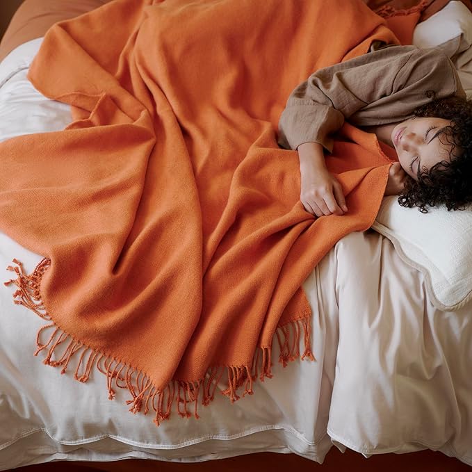 Double Stitch Cashmere Cotton Throw Blanket, 5% Mongolian Cashmere & 95% BCI Cotton Blend Blankets, Fall Elegant Blanket with Fringes, Cozy Warm Blanket for Couch Bed, Orange, 50x60 inches
