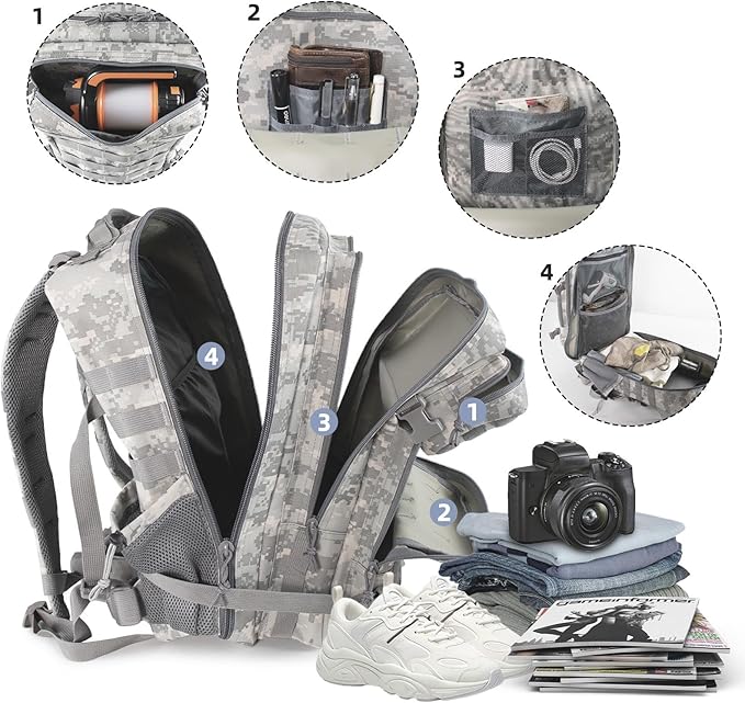 45L Grey Camo Military Tactical Backpack 3 Day Molle Assault Pack Large Army Bug Out Bag Rucksack Daypack for Men Outdoor Hiking Army Camping Hunting