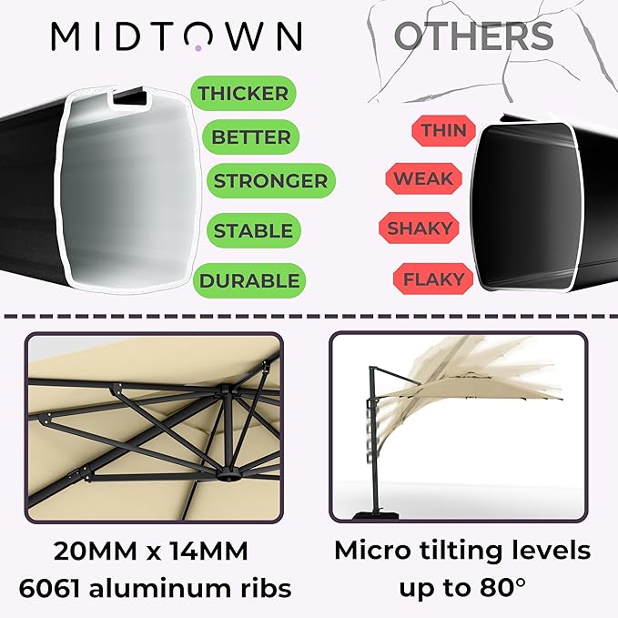 Midtown Umbrellas 10 Ft Outdoor Cantilever Patio Umbrella w/Sunbrella Heather Tan Fabric - 360° Rotate Offset Patio Umbrella, Deck Patio Umbrella, Backyard Umbrella & Garden Umbrella - Black Frame