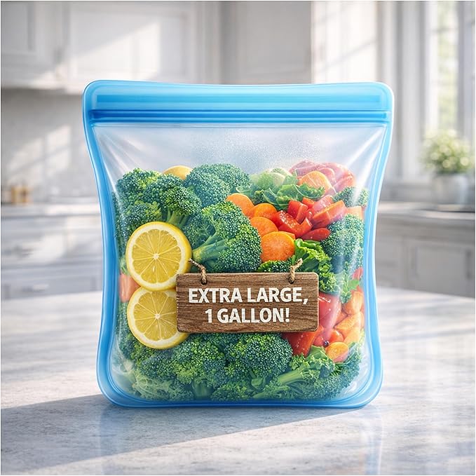 135oz. XXL Reusable Silicone Bag - 1 Gallon Freezer Bags for Food Storage, Meal Prep, Zero Waste, Kitchen Organization, Sous Vide, and Freezer Safe Containers (Extra Large, Blue)