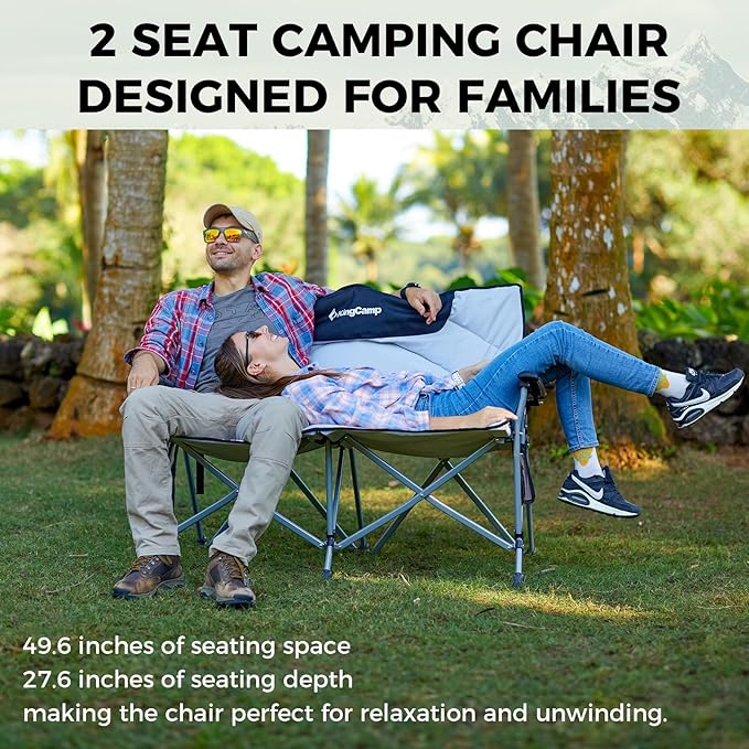 KingCamp Double Camping Chair for Adults, Oversized 2-Person Portable Folding Chair 600 lbs Heavy Duty Outdoor Loveseat with Armrest Cup Holders, Padded Seat and Back for Camping Picnic Patio
