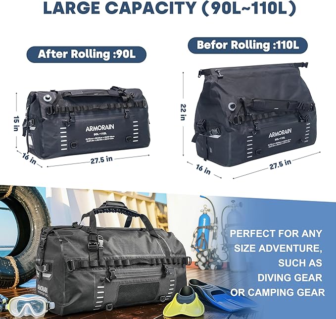 90L-110L large Capacity Airtight Waterproof Travel Dry Bag,Equipped with Durable Inflatable Shoulder Straps and Handles Suitable for Diving Equipment Motorcycles Rowing Kayaking Camping