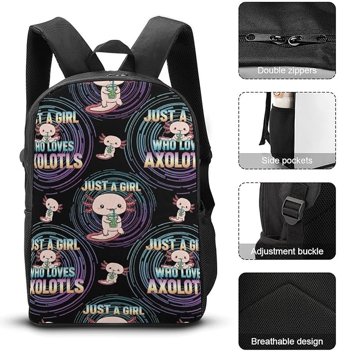 Multipurpose Business Travel Rucksack Cute Animals Pink Axolotls Prints Funny Black College Bookbag with Large Capacity Backpack for College Men Women