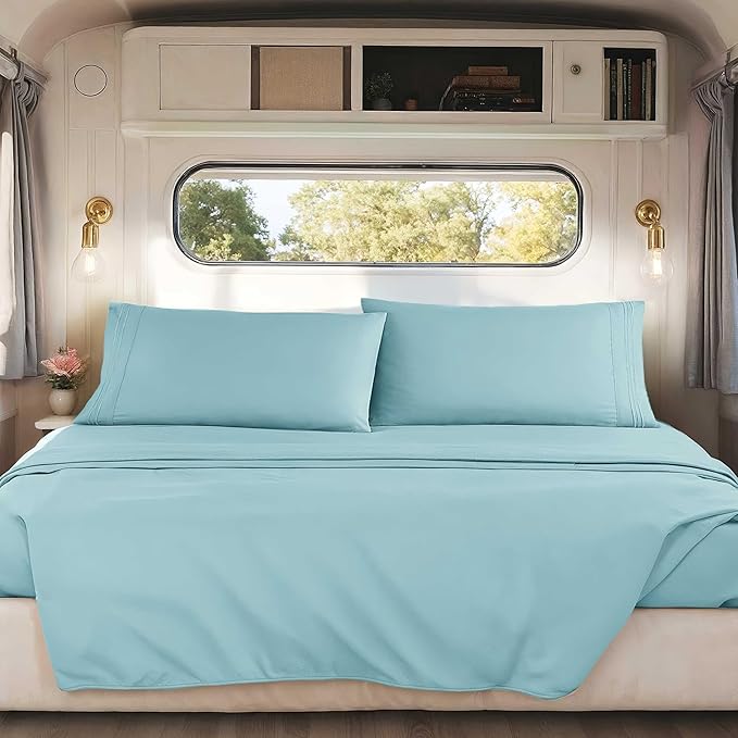Hearth & Harbor Short Queen Sheets for RV, Light Blue RV Queen Sheets, Silky Soft 1800 Microfiber Bed Sheet for Camper, 4 Piece RV Bedding with Pillowcases