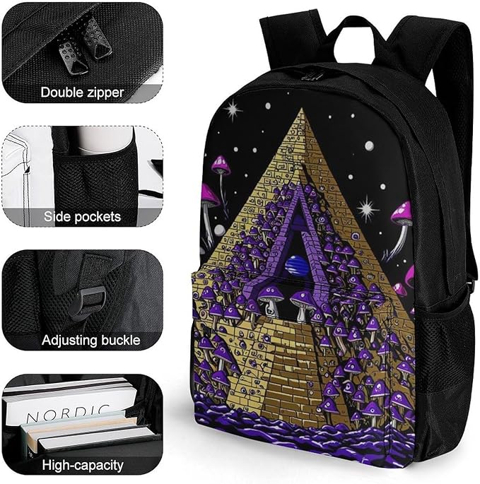 Men Women Polyester Trippy Magic Pyramid Mushrooms Universe Art Daypack Big Capacity Shoulder Bag With Smooth Zippers for Hiking Work Walking Cycling