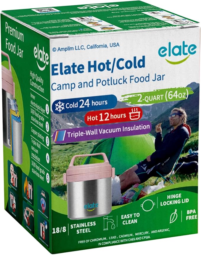 Elate 2-Quart Thermos Food Jar for Hot Food | 64oz Stainless Steel Vacuum-Insulated Camp Crock, Wide-Mouth Thermal Food Container, Portable Lunch Pot for Outdoor, Camping, Picnics, Trips, Potlucks