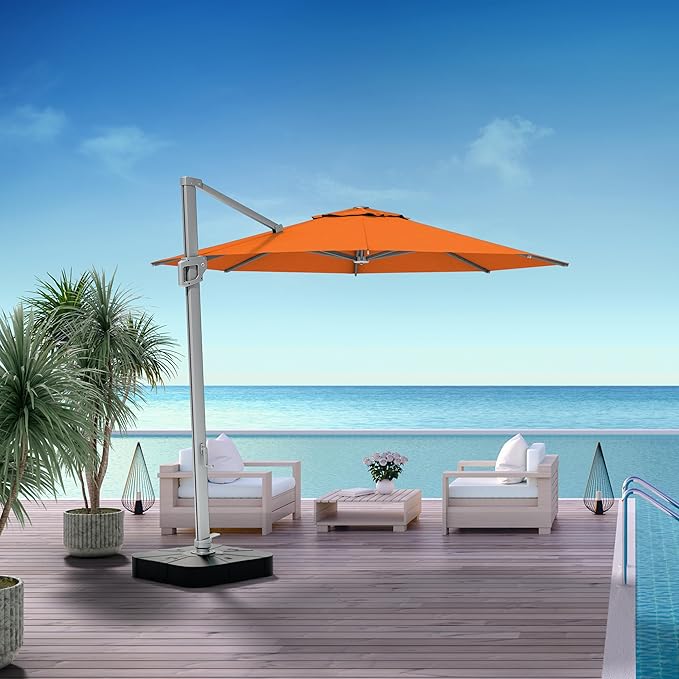 Midtown Umbrellas 10 Ft Outdoor Cantilever Patio Umbrella w/Sunbrella Canvas Tuscan Fabric - 360° Rotate Offset Patio Umbrella, Deck Patio Umbrella, Backyard Umbrella & Garden Umbrella - Silver Frame