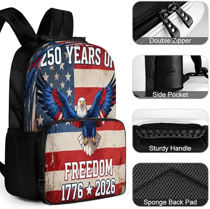 Men Women Lightweight 250th Anniversary 1776-2026 Patriotic Eagle Art Casual Daypack Large Capacity Bookbag With Adjustable Shoulder Straps for Gym Business Bicycle