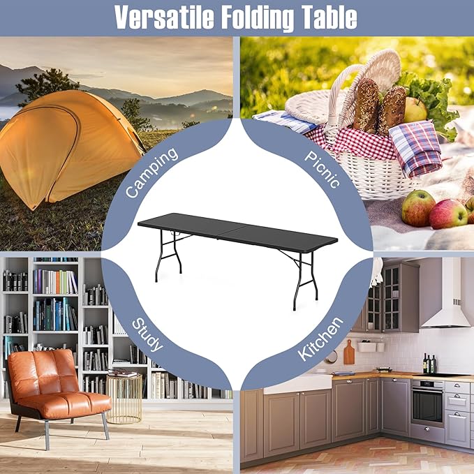 Folding Table, HDPE Portable Table with 8 ft Long Tabletop, Metal Frame Picnic Camping Table with Safe Lock, Collapsible Dining Table for Camping, Picnic, Party (Black, 8 FT)