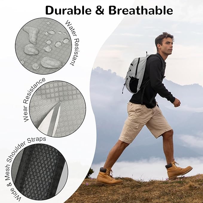 Foldable Ultralight Hiking Backpack for Men Women, Small Lightweight Packable Travel Backpack, 15L Waterproof Collapsible Nylon Daypack for Travel Hiking Outdoor, Gray