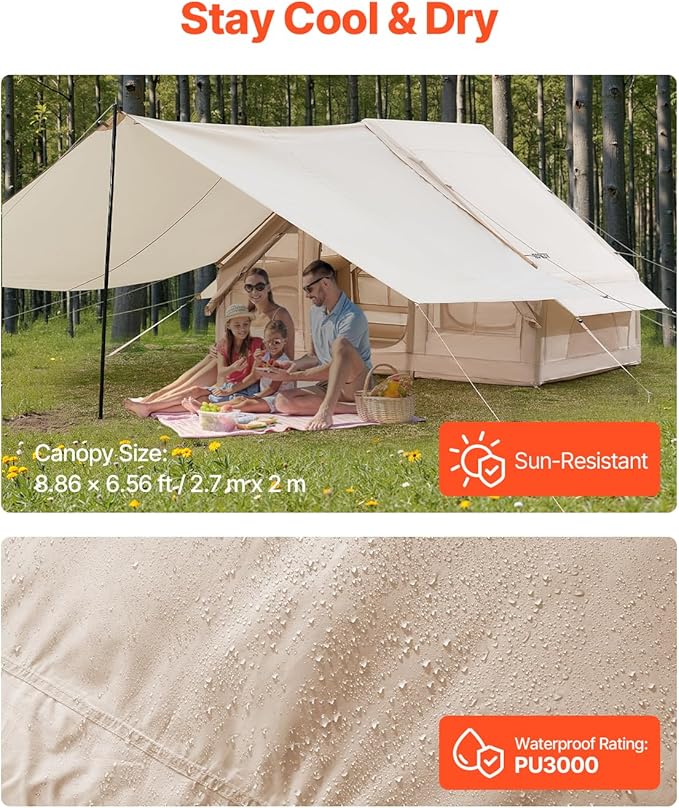 VEVOR Inflatable Tents for Camping, Easy Setup Blow up Tent with Hand Pump, 4 Season Glamping Tent with Stove Jack, Doors & Mesh Windows, Storage Bag Included for Easy Taking