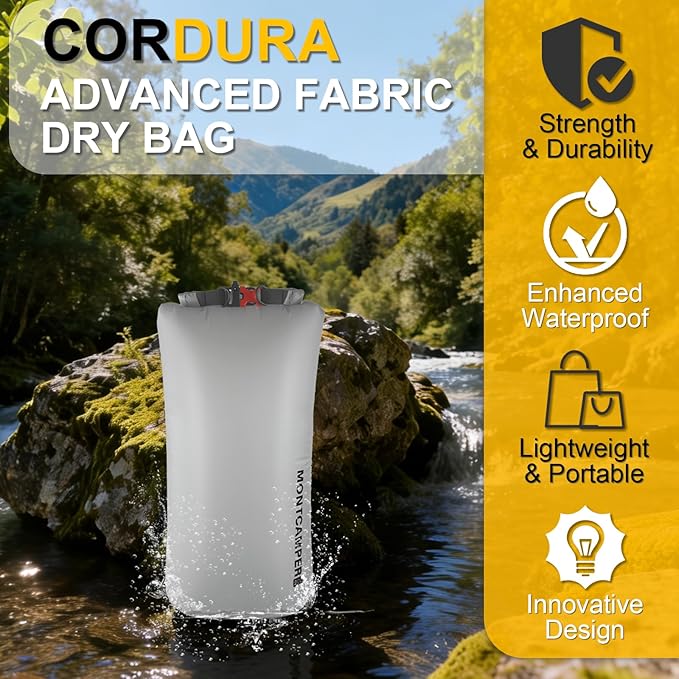 CORDURA Waterproof Dry Bag 20L – Heavy Duty IPX6 Roll Top Sack with Survival Whistle for Kayaking, Camping, Boating, Beach – Lightweight Dry Backpack (Gray)