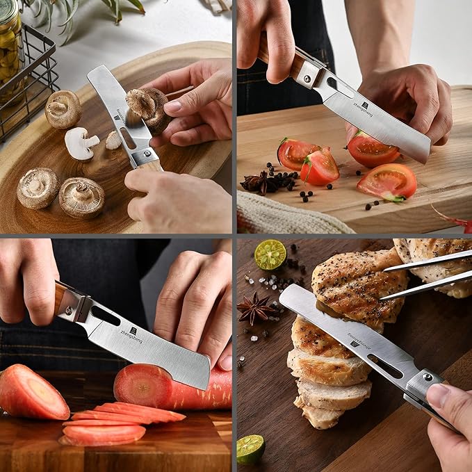 Folding Chef Knife with Nylon Pouch 4.8” Ultra Sharp 440A Stainless Steel Blade Natural Olive Handle Pocket Foldable Japanese Style Kitchen Knife for Outdoor Camping BBQ trip Cooking.