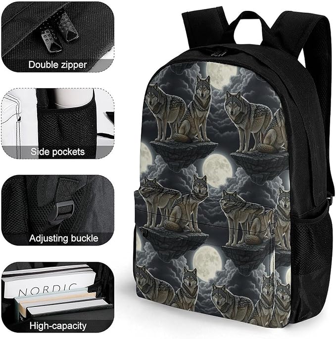 Sturdy Multipurpose Dual Shoulder Bag for Gym and Outdoor Activities, Full Moon Wolf, Travel Hiking Daypack