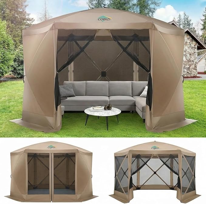 COBIZI 12x12FT Pop Up Gazebo Screen Tent Screen House for Camping, Screen Room with Mosquito Netting, Hub Tent Instant Screened Canopy with Carrying Bag and Ground Stakes, Khaki(Upgraded)