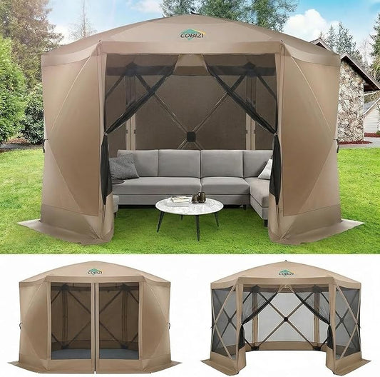 COBIZI 12x12FT Pop Up Gazebo Screen Tent Screen House for Camping, Screen Room with Mosquito Netting, Hub Tent Instant Screened Canopy with Carrying Bag and Ground Stakes, Khaki(Upgraded)