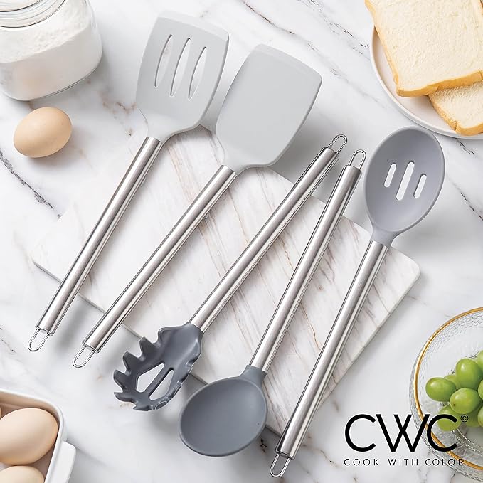 COOK WITH COLOR Silicone Cooking Utensils, Kitchen Utensil Set, Easy to Clean Silicone Kitchen Utensils, Cooking Utensils for Nonstick Cookware, Kitchen Gadgets Set, 5 Pieces, Grey Ombre