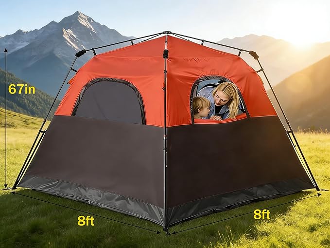 3/4 Person Camping Tent with 1 Door, 4 Windows, and Upgraded Ventilation– Instant Setup, Waterproof, 8'x 8'x 67''Oxford Fabric Floor Pop Up in 60 Seconds Includes Rainfly and Backpack