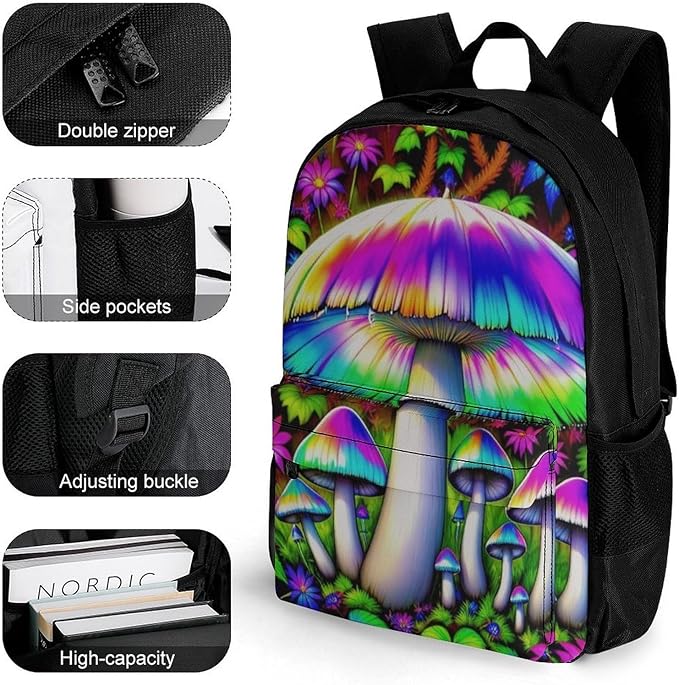 Women Men Polyester Risks Of Magic Mushrooms Casual Daypack Large Capacity Bookbag With Side Pockets for Sports Picnic Walking Cycling