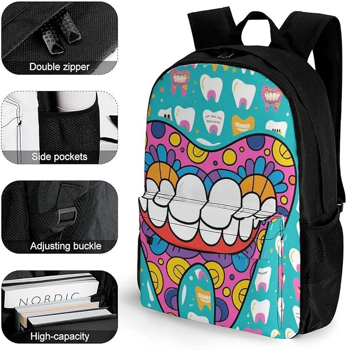 Daypack Bookbag Anti-Theft Multipurpose Large Capacity Bookbag, Funny Teeth Dental Art Travel Hiking Camping Rucksack With Adjustable Shoulder Straps